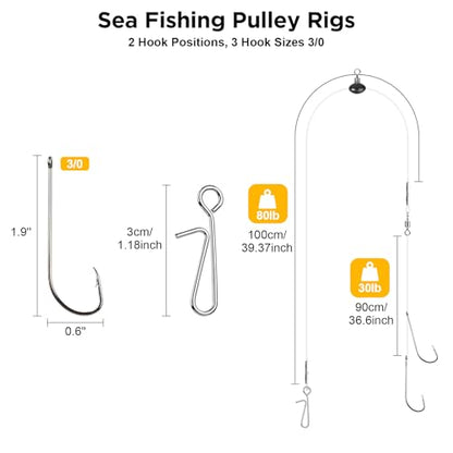 DONQL 5pcs Sea Fishing Rigs, Pre Tie Flapper Pulley Rigs Double Hooks, Deep Drop Snapper Rig for Beach Casting Shore Fishing Flounder Halibut Whiting Striped, 3 Size Available1/0, 2/0, 3/0