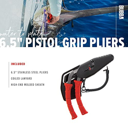 BUBBA Pistol Grip Stainless Steel Pliers, Spring Loaded with Crimping Tool and Anvil Cutter, Lanyard Hold and Sheath