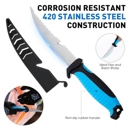 RoundFunny 10 Pcs Fishing Tool Kit, Fishing Pliers with Lanyard and Protective Sheaths, Landing Net, Fillet Knife, Fish Scale, Gripper, Hook Remover, Braid Scissors, Gloves for Men Dad Gift - color: Blue