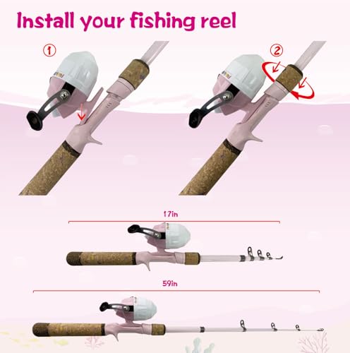Kids Fishing Pole Set, Kids Fishing Rod and Reel Combo and Fishing Net Tackle Box with Fishing Lures Hooks and Bag for Girls Age Beginner Little Children Junior Anglers