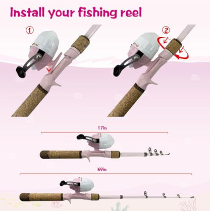 Kids Fishing Pole Set, Kids Fishing Rod and Reel Combo and Fishing Net Tackle Box with Fishing Lures Hooks and Bag for Girls Age Beginner Little Children Junior Anglers