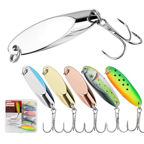 Jigging Spoon Fishing Lure Set 6-Pack Metal Saltwater & Freshwater Casting Spoon Hooks Premium Durable Treble Hooks for Bass, Salmon & Trout Fishing - size: 3/8 oz