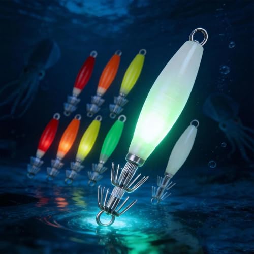 Glow Squid Jigs Kit, 10 Pcs-Maximize Your Night Catch with These High-Intensity Glowing Lures. Saltwater-Ready, Durable Hooks Included in a Convenient Tackle Box for Instant Fishing.