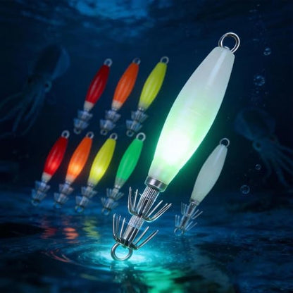 Glow Squid Jigs Kit, 10 Pcs-Maximize Your Night Catch with These High-Intensity Glowing Lures. Saltwater-Ready, Durable Hooks Included in a Convenient Tackle Box for Instant Fishing.