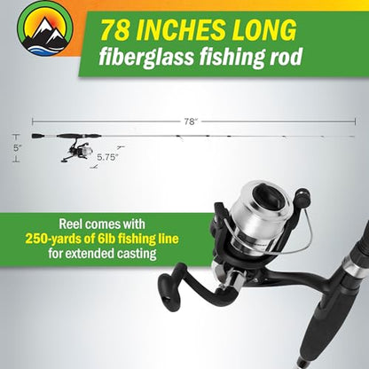 Fiberglass Fishing Pole - Strike Series 78-Inch Collapsible Rod and Spinning Reel Combo, EVA Handle, Pre-Spooled Reel, Fishing Gear for Catching Walleye, Bass, Trout, and More by Wakeman - color: Silver Metallic