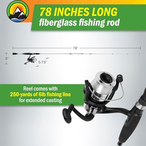 Fiberglass Fishing Pole - Strike Series 78-Inch Collapsible Rod and Spinning Reel Combo, EVA Handle, Pre-Spooled Reel, Fishing Gear for Catching Walleye, Bass, Trout, and More by Wakeman - color: Silver Metallic