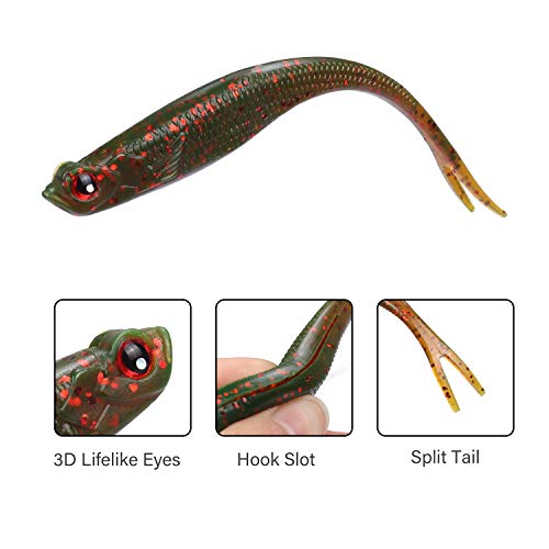 RUNCL Anchor Box - Paddle Tail Swimbaits, Soft Jerk Baits, 20/40/50/60pcs Soft Fishing Lures, Curved Tail Grubs - 3D Lifelike Eyes, Split/Boot/Curved/Straight/Thin Tail - 1/2/3/4/5in, Proven Colors - color: J - Split Tail w/ External Etched Scales (5-1/8i