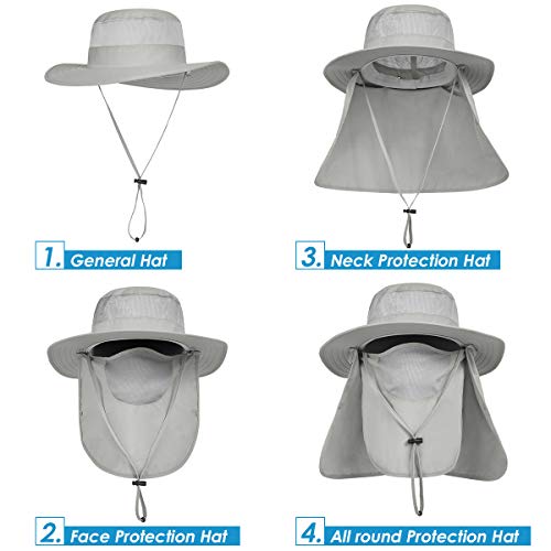IYEBRAO Mens Outdoor Sun Hat with Face Neck Flap UV Protection Wide Brim Fishing Hat for Hiking Safari Gardening UPF 50+ - color: 2 Pack-light Gray＆light Gray