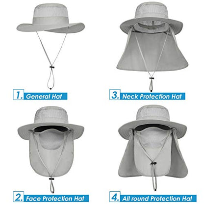 IYEBRAO Mens Outdoor Sun Hat with Face Neck Flap UV Protection Wide Brim Fishing Hat for Hiking Safari Gardening UPF 50+ - color: Light Gray