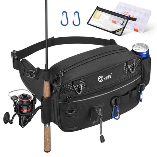 CVLIFE Fishing Tackle Bag Waist Pack with Rod Holder, Water Resistant Fanny Pack Includes 3600 Tackle Box, Waterproof Pouch & Carabiners, Convertible Sling Bag with Net Holster for Gear - color: Black