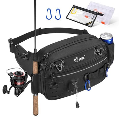 CVLIFE Fishing Tackle Bag Waist Pack with Rod Holder, Water Resistant Fanny Pack Includes 3600 Tackle Box, Waterproof Pouch & Carabiners, Convertible Sling Bag with Net Holster for Gear - color: Black