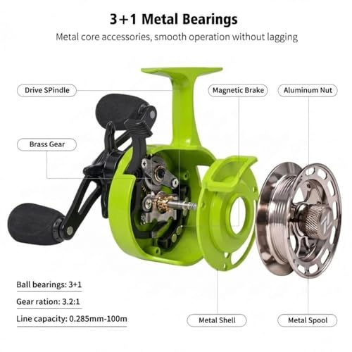 Ice Fishing Reel, 3.2:1 Gear Ratio Ultra Smooth 3+1 Ball Bearings and Magnetic Drop System, Aluminum Alloy Fishing Reel for Ice Fishing and Winter Angling - color: Green-Right