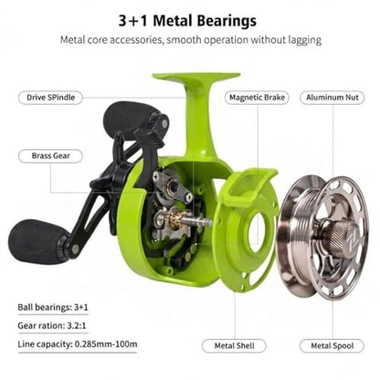 Ice Fishing Reel, 3.2:1 Gear Ratio Ultra Smooth 3+1 Ball Bearings and Magnetic Drop System, Aluminum Alloy Fishing Reel for Ice Fishing and Winter Angling - color: Green-Right