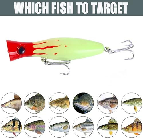 Popper Fishing Lure, JAZALIC Topwater Popper Lures 3D Eyes Fishing Accessories for Saltwater Surface Casting and Freshwater Surface Fishing, Gt Tuna Kingfish Large Predator Fish (5.11in, 1.48Oz) - color: DSE-R-Yellow-1-FBA