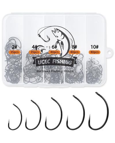 UCEC 190/220/260PCS Barbless Fishing Hooks, Carp Hooks Circle Curve Shank Fly Tying Fishing Hook Tackle Kit for Freshwater Saltwater Hair Rig Trout Size: 2# 4# 6# 8# 10# - size: 190PCS,2# 4# 6# 8# 10#