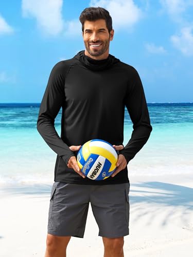 PINSPARK Men's Sun Protection Hoodie with Mask UPF 50+ UV Long Sleeve Shirt Men Rash Guard Performance Fishing Hiking Shirt - color: Black, size: 3X-Large