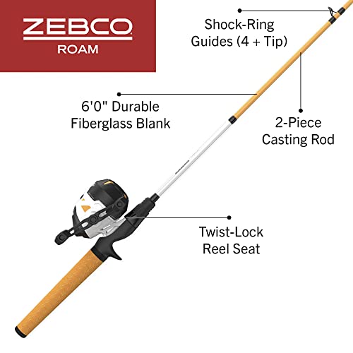 Zebco Roam Spincast Reel and Fishing Rod Combo, 6-Foot 2-Piece Fiberglass Fishing Pole with ComfortGrip Handle, Quickset Anti-Reverse Fishing Reel, Pre-Spooled with 10-Pound Zebco Line - color: Orange