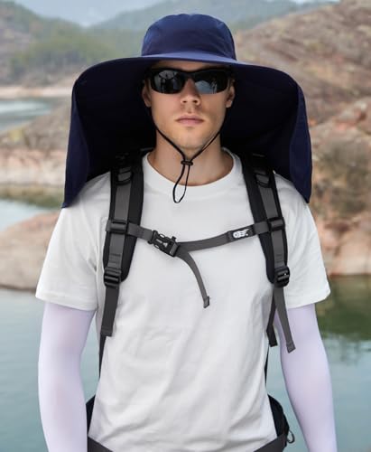 HUAMULAN Women Large Brim Sun Hat with Neck Flap, Men Quick Dry Hiking Fishing Safari Hat UPF 50+ - color: Navy With Mesh Panel