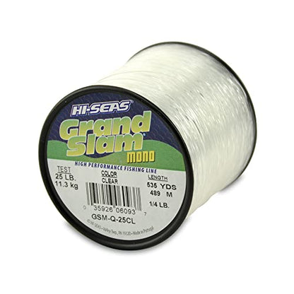 HI-SEAS Grand Slam Monofilament Fishing Line - Strong & Abrasion Resistant in Clear, Pink, Green, Smoke Blue, Fluorescent Yellow Freshwater & Saltwater – Quarter Pound Spool - color: Clear, style: 25 Lb Test, 0.50 Mm Dia, 535 Yd