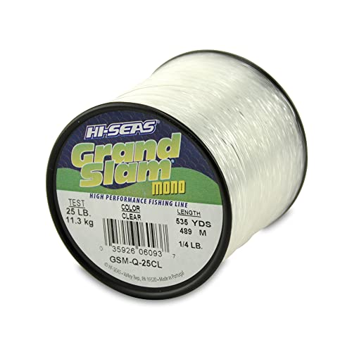 HI-SEAS Grand Slam Monofilament Fishing Line - Strong & Abrasion Resistant in Clear, Pink, Green, Smoke Blue, Fluorescent Yellow Freshwater & Saltwater – Quarter Pound Spool - color: Clear, style: 25 Lb Test, 0.50 Mm Dia, 535 Yd