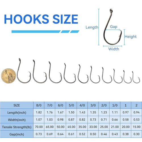50Pcs Circle Hooks with Fishing Hook Remover, Super Sharp and Offset Catfish Octopus Circle Hooks for Saltwater and Freshwater, Nickel Coated High Carbon Steel, Sizes #1-8/0 - color: Black Nickel with Hook Remover, size: 2/0
