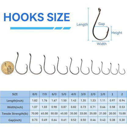 50Pcs Circle Hooks with Fishing Hook Remover, Super Sharp and Offset Catfish Octopus Circle Hooks for Saltwater and Freshwater, Nickel Coated High Carbon Steel, Sizes #1-8/0 - color: Black Nickel with Hook Remover, size: 2/0