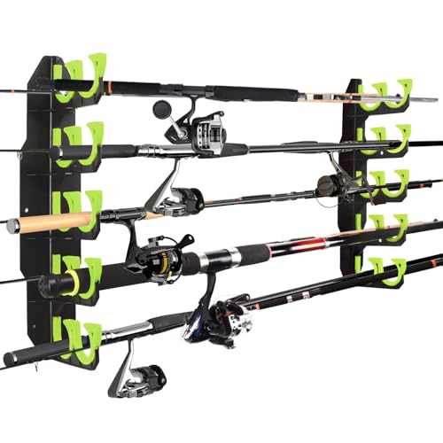 Hikeen Fishing Rod Holders, Fishing Pole Holders for Garage, Wall or Ceiling Mounted Fishing Rod Rack Holds Up to 10 Rods（1 Pack） - style: Green-1Pack