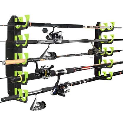Hikeen Fishing Rod Holders, Fishing Pole Holders for Garage, Wall or Ceiling Mounted Fishing Rod Rack Holds Up to 10 Rods（1 Pack） - style: Green-1Pack