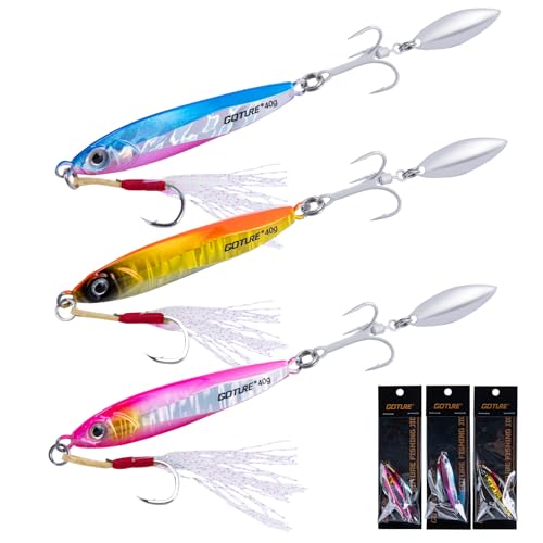 Goture Fishing Jigs, 40g 60g Vertical Jig Saltwater Freshwater, Jig Fishing Lures with Assist Hooks and Treble Hook, Jigging Spoon Lures for Tuna, Salmon,Striped Bass, Grouper Snapper,Kingfish - color: A1:3pcs Fishing Jigs, size: 2.12oz/60g