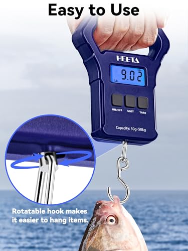 HEETA Fish Scale, 110lb/50kg Digital Portable Hanging Fishing Weight Scale with Backlit LCD Display, Luggage Scale with Hook, Non-Slip Large ABS Handle & 2 AAA Batteries, Fishing Gifts Gear for Men - color: Blue