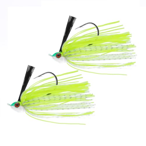 Dr.Fish 2 Pack Swim Jigs Weedless Bass Fishing Jigs Hook Lures with Reinforced Weed Guard Fish Head Swimbait Silicone Skirt Pike Walleye Muskie Freshwater Lures - color: Chartreuse, size: 1/2oz