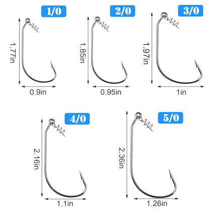Twistlock Fishing Hooks,50pcs Bass Fishing Worm Hooks with Centering Pin Spring Unweighted Swimbait Hooks for Soft Plastics Lure Baits Saltwater Freshwater Size 1/0 2/0 3/0 4/0 5/0 - size: Size 1/0-50pcs