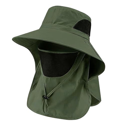 Sun Hat for Men and Women, UPF 50+ UV Protection, Wide Brim Breathable, Fish Hat with Neck Flap and Breathable Face Mask - color: Military Green