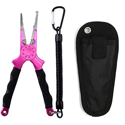 Professional Saltwater/Fresh Water Aluminum Fishing Pliers Tungsten Carbide Cutters Hook Remover with Sheath and Lanyard - color: Pink.t