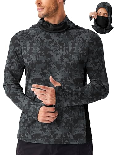 PINSPARK Men's Sun Protection Hoodie with Mask UPF 50+ UV Long Sleeve Shirt Men Rash Guard Performance Fishing Hiking Shirt - color: Black Camouflage, size: Large