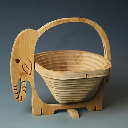Foldable Wooden Fruit Basket for Kitchen Table In Elephant Shape Cute Flowers Nuts Candy Storage Box for Holiday Family Party - color: Elephant