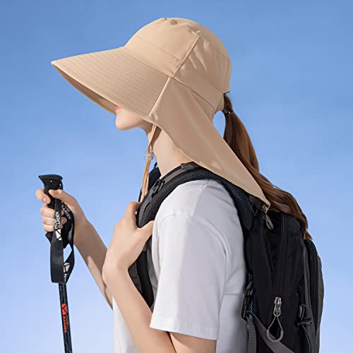 HUAMULAN Men Summer Sun Hat Women Safari Wide Brim Fishing Hats UV Protection Neck Flap Bucket Gardening Hiking Hunting Cap - color: Bg8112-kakhi