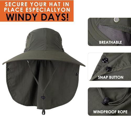 Mens Women Fishing Hat UPF 50+ Wide Brim Sun Hat with Face Cover & Neck Flap - color: Green