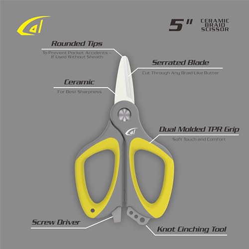 danco Fishing Ceramic Braid Scissor, Karl,Serrated Blades, Fishing Scissors for Braided Line, Non Slip Grip