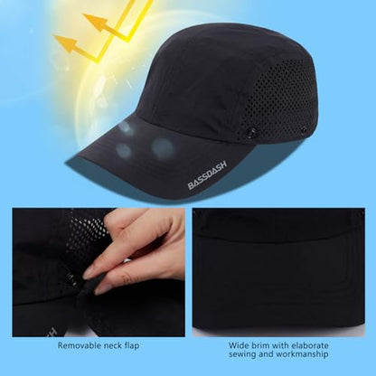 BASSDASH UPF 50+ Foldable Fishing Hat Baseball Cap with Removable Neck Flap Portable for Men Women Golf Hiking - color: Black With Unfoldable Brim
