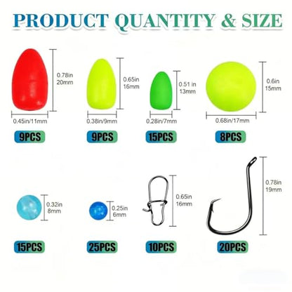 100/110/111pcs Pompano Beads Foam Floats for Fishing Float Sets for Surf Fishing Foam Bobbers Round/Bullet/Spin - color: Float+hook-111pcs