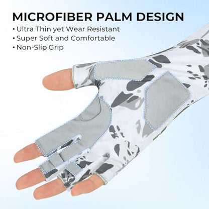 KastKing Agies Fishing Gloves Men, UPF 50+ Sun Gloves UV Protection, Cooling Quick-Dry 3/4 Fingerless Gloves with Extended Cuff, Microfiber Palm & Pull Tabs, for Fishing, Kayaking, Hiking, Hunting - color: X Camo-White, size: Small-Medium