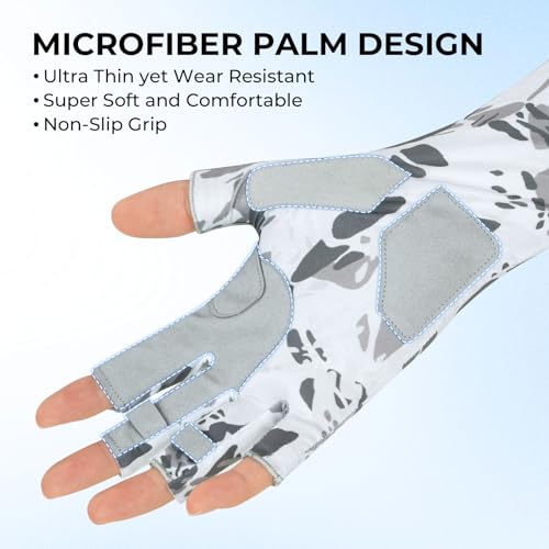 KastKing Agies Fishing Gloves Men, UPF 50+ Sun Gloves UV Protection, Cooling Quick-Dry 3/4 Fingerless Gloves with Extended Cuff, Microfiber Palm & Pull Tabs, for Fishing, Kayaking, Hiking, Hunting - color: X Camo-White, size: Small-Medium