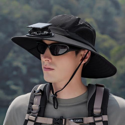Extra Wide Brim Solar Fan Hat, Mens Fishing Hat with Fan, Neck Flap Sun Hat, UPF 50+ Solar Powered Cooling Cap Fisherman Hats - color: Black