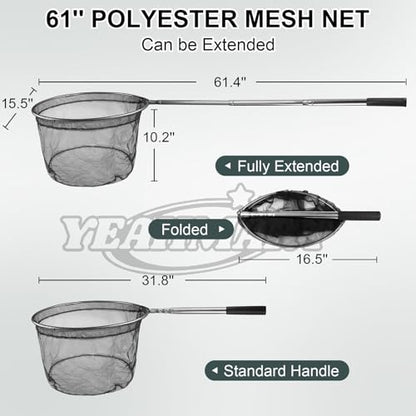 Yeahmart Fishing Landing Net with Telescopic Aluminum Handle Pole, Collapsible Nylon Mesh Minnow Fish Net for Saltwater & Freshwater, Portable Fishing Gear for Kids, Men, Women, Extends 21-75 Inches - style: 61.4" Full Length (4 Sectional Handle-round)