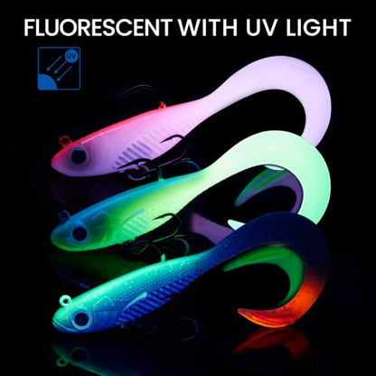 TRUSCEND Duramax Easy Catch Soft Fishing Lures with BKK Hook, Trembly Sinking & Vibrating Swim for More Bites, Pre-Rigged Curly & T-Tail Swimbait for Bass, Trout, Crappie, Freshwater Saltwater Fishing - color: A-2.5"-1/8oz