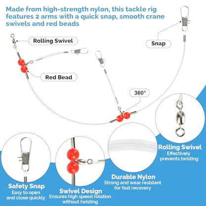 RAINFLOW 6 Pcs 2-Arm Fishing Leaders with Swivels - Stainless Steel & Nylon Wire Leaders for Saltwater & Freshwater Fishing
