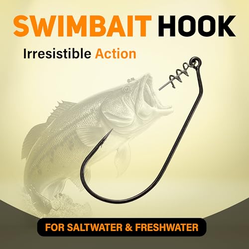 Reaction Tackle Swimbait Hooks for Bass Fishing - Soft Plastic Fishing Hooks with Centering Spring pin for Soft Plastic Swim Baits and Worm Lure Baits - size: #8/0