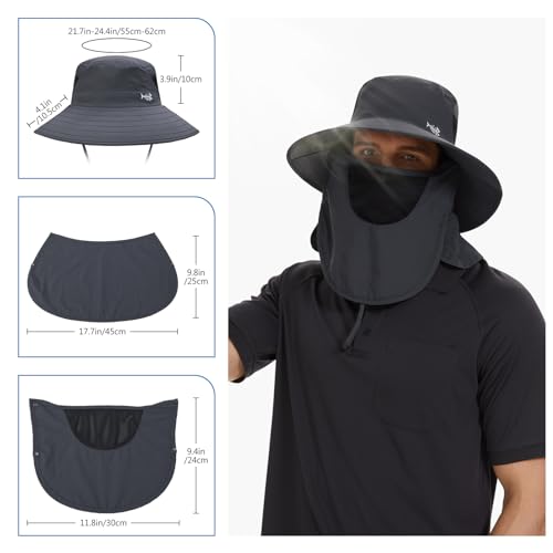 BASSDASH UPF 50+ Breathable Sun Hat with Removable Face Cover and Neck Flap Wide Brim Bucket Hat for Fishing Hiking Men Women - color: Dark Grey