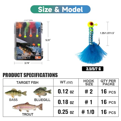 HADORAM Fishing Jigs Hooks Kit Swimbait Heads Crappie jig Hand-Tied Marabou Feather Freshwater and Saltwater with 3D Eye Ball Feather Ice | Fly Lures for Salmon Trout Bass Panfish